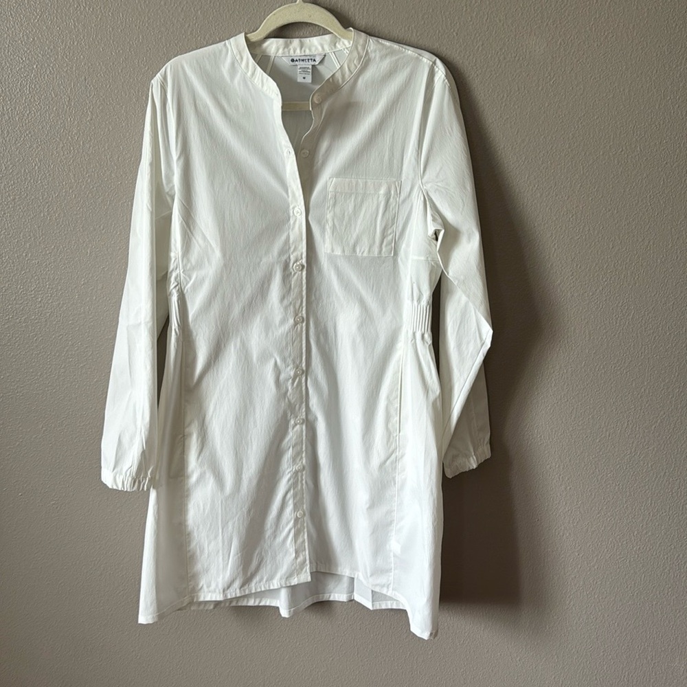 Athleta Button Front Long Sleeve Crisp Shirt Dress Pockets Elasticated Waistband